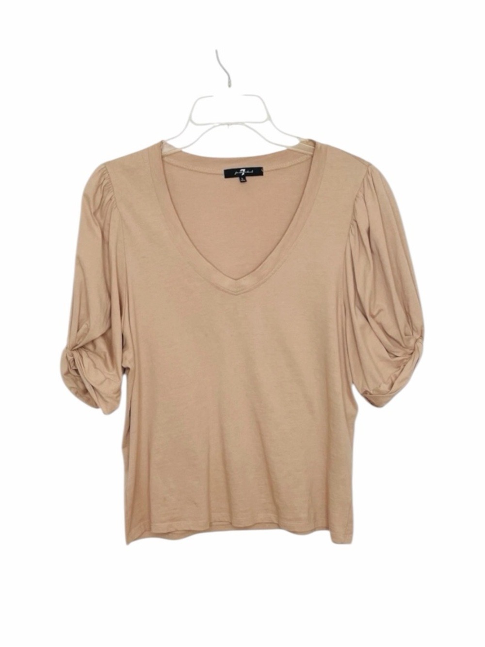 7 For All Mankind Puff Sleeve Blouse Nude Beige Large Cotton V-Neck